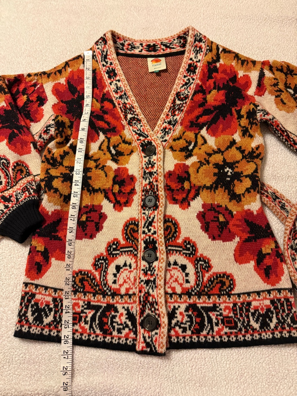 FARM RIO Sand Winter Tapestry Knit Cardigan Belted Sweater Cream Red Floral - Picture 8 of 15